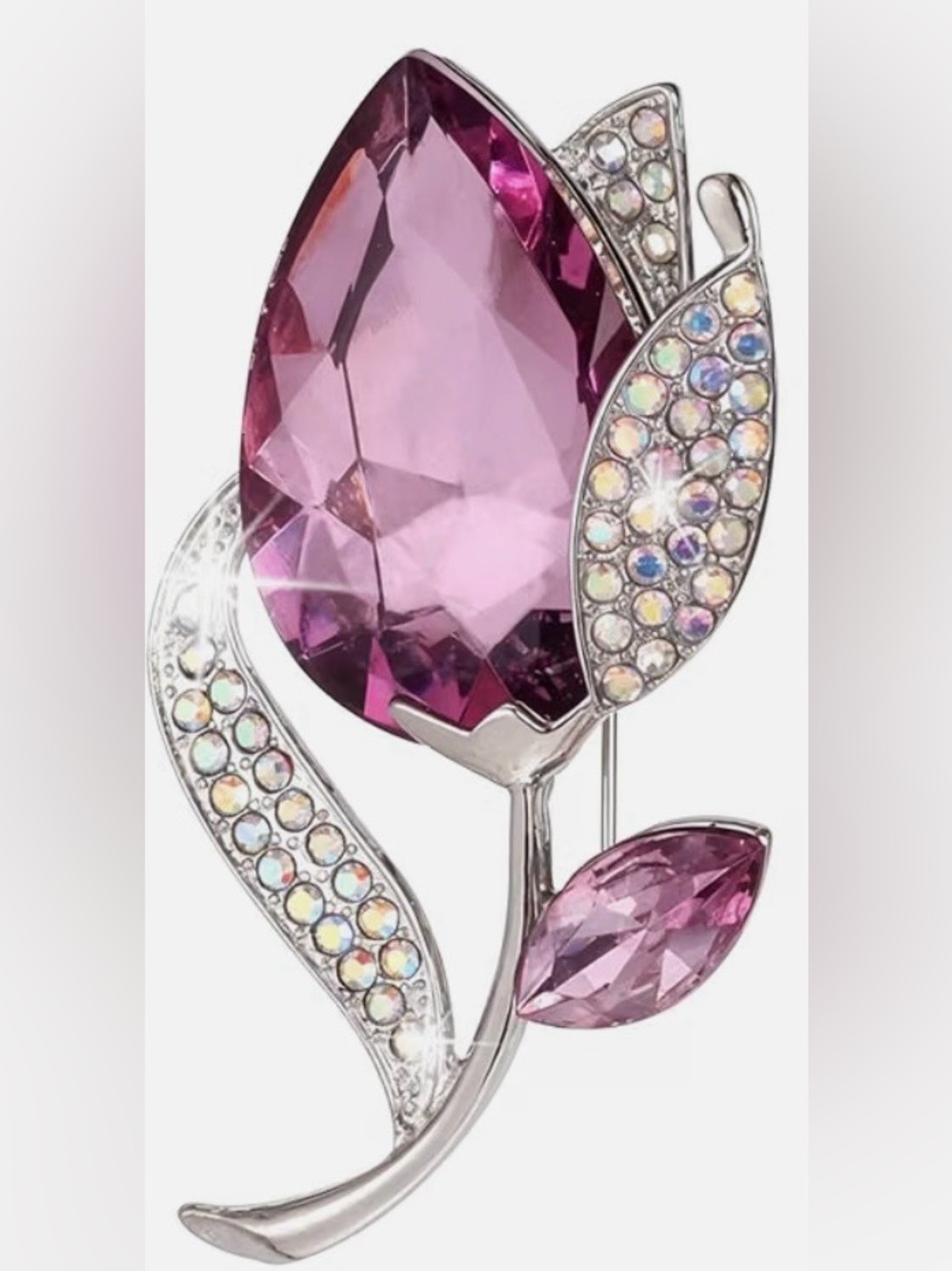 Silver-Tone Purple Crystal Floral Brooch